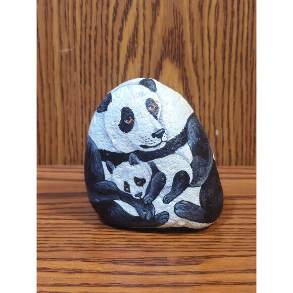 Hand-Painted Panda & Cub Decorative Rock Art - Picture 1 of 9